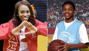 Woman posing and boy holding basketball.