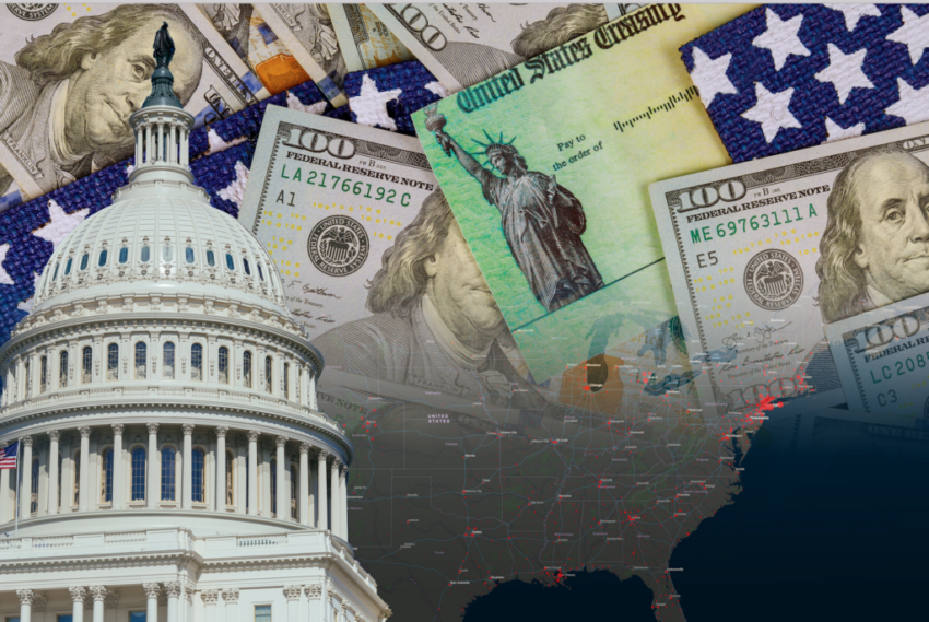 U.S. Capitol, money, and American flag collage.